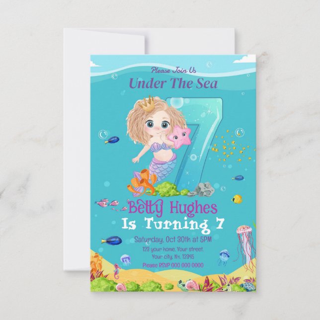 Sereia Sob O Convite De Aniversário Do Sea 7 (Frente)