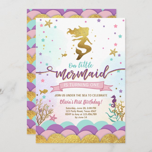 Sereia sob o roxo do convite do aniversário do mar (Frente/Verso)