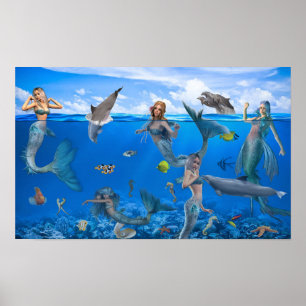 Sereias e golfinhos Fantasy Art Poster