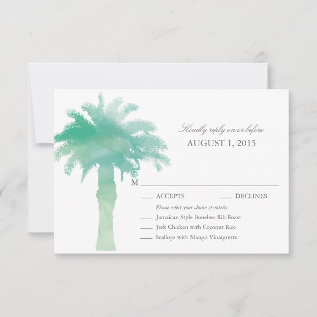 Serene Green Watercolor Palm Tree Weding RSVP (Frente)
