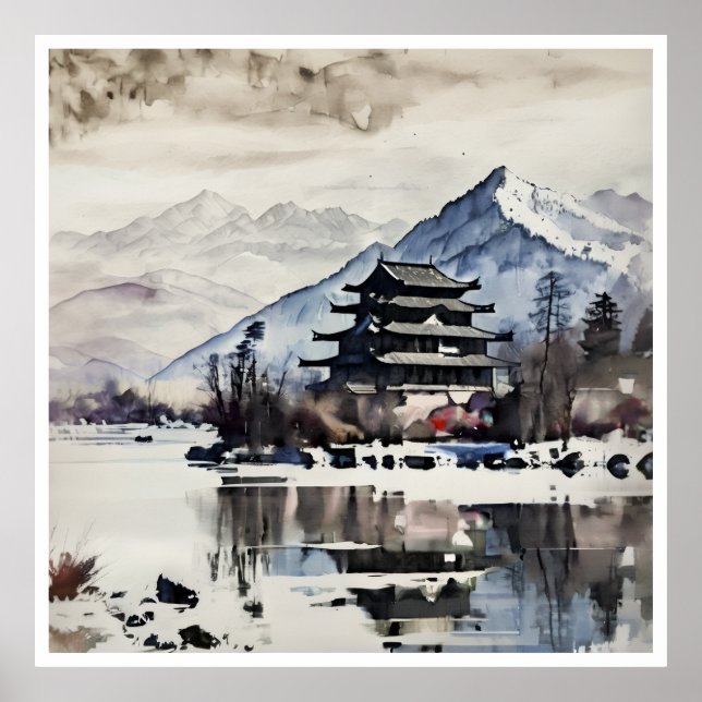 Serene Mountain Pagoda, winter poster (Frente)