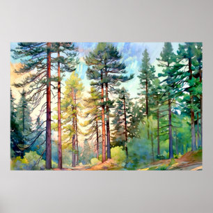 Serene Pine Forest Watercolor Impressão
