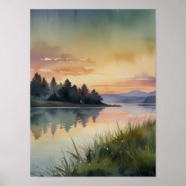Serene Watercolor Mountain Landscape Art Impressão (Frente)