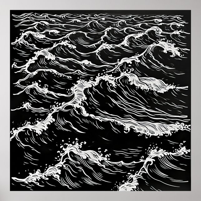 Serenidade em Monocromo: Poster Linocut Waves do O (Frente)