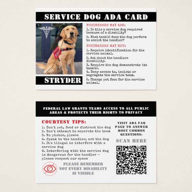 Service Dog ADA Cards Photo ID Crachá Professional (Frente & Verso)