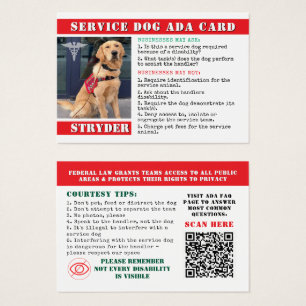 Service Dog ADA Law Cards Red Photo ID Crachá