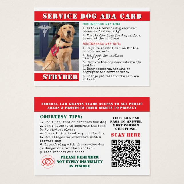 Service Dog ADA Law Cards Red Photo ID Crachá (Frente & Verso)