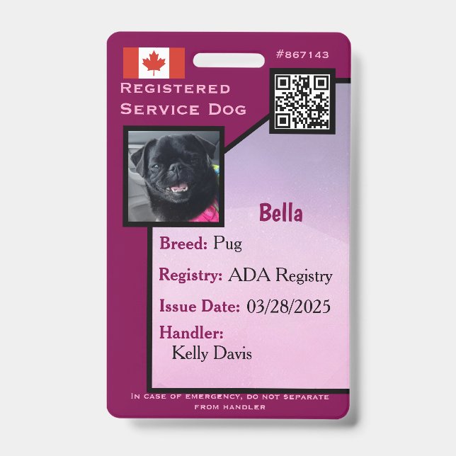 Service Dog ID Card Crachá vertical roxo (Frente)