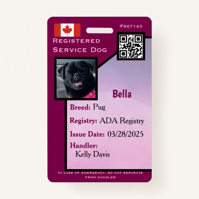 Service Dog ID Card Crachá vertical roxo (Frente)