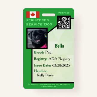 Service Dog ID Card green vertical Crachá