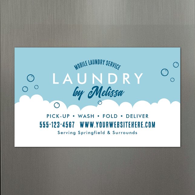 Serviço de Lavanderia com Coleta Cartão Magnético  (Promotional laundry service magnetic business cards in blue and white)