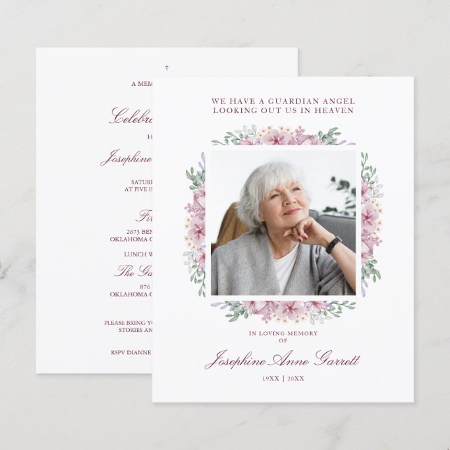 Serviço de Lembrança de Fotos Funeral Rosa (Frente/Verso)