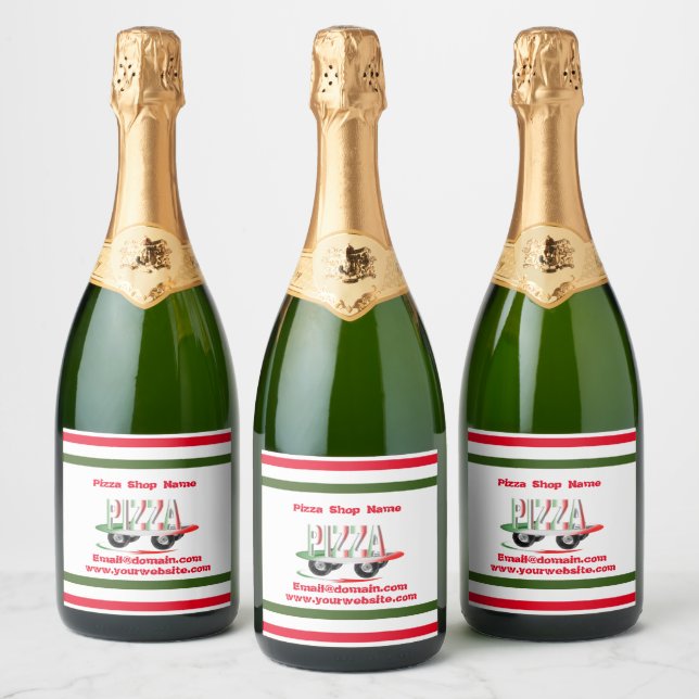 Serviço de pizza, verde vermelho, rótulo de vinho  (Garrafas)
