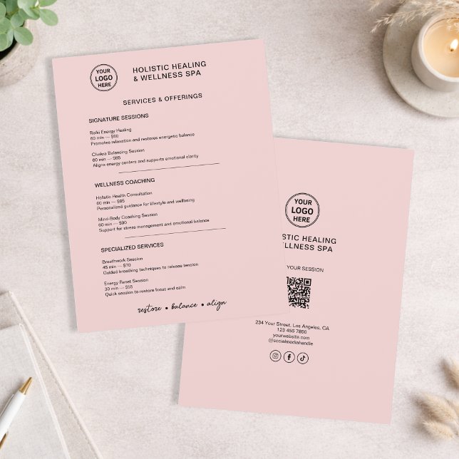Serviços de Bem-Estar Holístico Menu Minimalista R (Holistic Wellness Services Pink Minimalist Menu Flyer)
