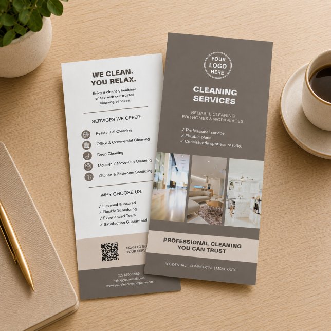 Serviços Modernos de Limpeza em Taupe com Cartão d (Modern Taupe Cleaning Services with QR Rack Card)