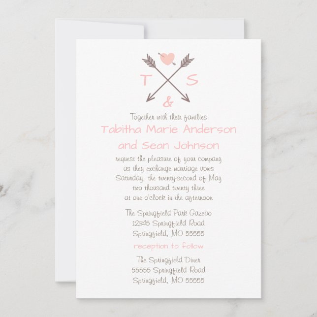 Setas Coração Rosa - Convite de Casamento & Recepç (Frente)