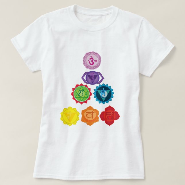 Sete Camiseta Chakras Pirâmide Yoga Camisa Básica  (Frente do Design)