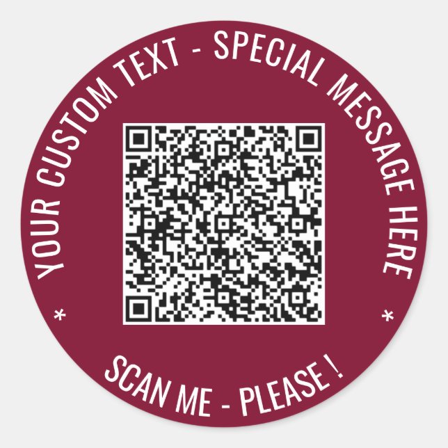 Seu adesivo de código QR com texto personalizado E (Frente)