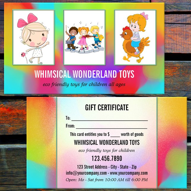 Seu Cartão de Presente de Negócios Loja de Brinque (Eye catching portfolio gift certificate business card with watercolor art - child toys retail shop)