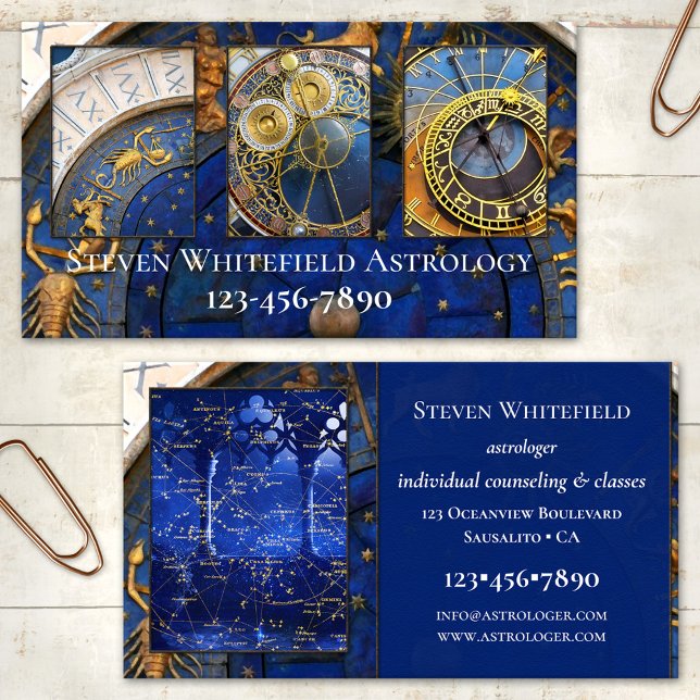 Seu Cartão de visita de Astrologer Profissional de (Astrology business card featuring your photos framed by an astrological clock)