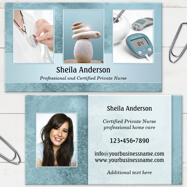 Seu Cartão de visita de Saúde Privada de Enfermeir (Business card featuring your photos framed by an elegant blue design - medical professional - nurse)