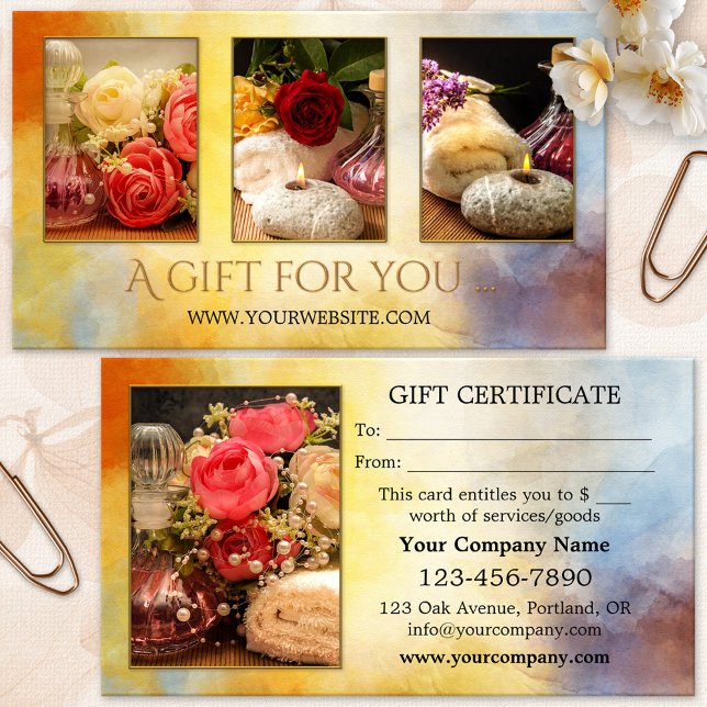 Seu Cartão Presente de Bem-Estar de Fotos (Artistic chic boho gift certificate portfolio template with a gold and colorful watercolor design)