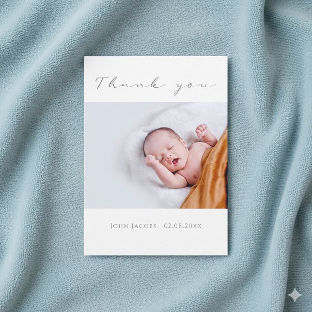 Seu cartões de agradecimentos de chá de fraldas de (Your photo baby shower thank you card with elegant script.)