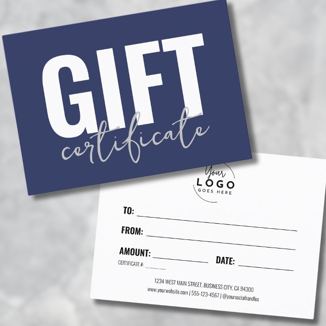 Seu Certificado de Presente Comercial Azul de Logo (Your Logo Navy Blue Business Gift Certificate)