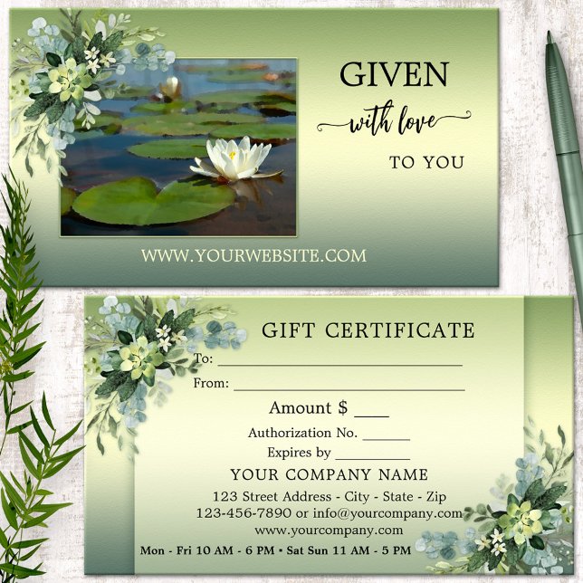 Seu Certificado de Presente Spa Beleza Relax Verde (Wellness gift certificate business card featuring your photo on watercolor greenery - massage - yoga)