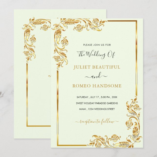 Seu Exemplo de Convite Dourado Floral de Casamento (Frente/Verso)