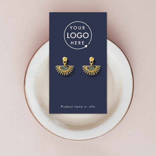 Seu logotipo | Marinho Azul, Cartão de Visor Moder (Modern sleek navy blue earring display card by Guava - clean, stylish, and customizable)