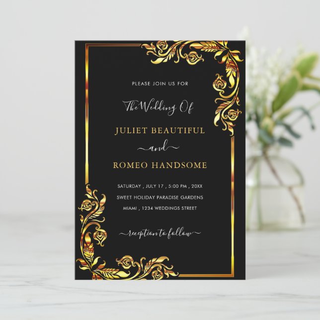 Seu Modelo de Convite Dourado para Casamento Negro (Em pé/Frente)