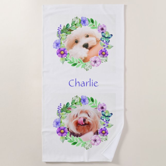 Seu nome e 2 fotos na toalha de praia do Flower Fr (Frente)