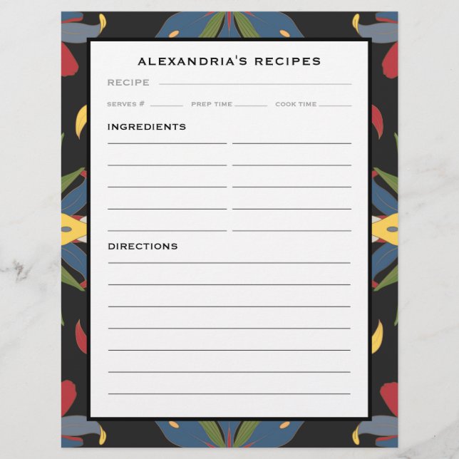 Seu nome: Página Binder de Receita de Azulejo Colo (Frente)