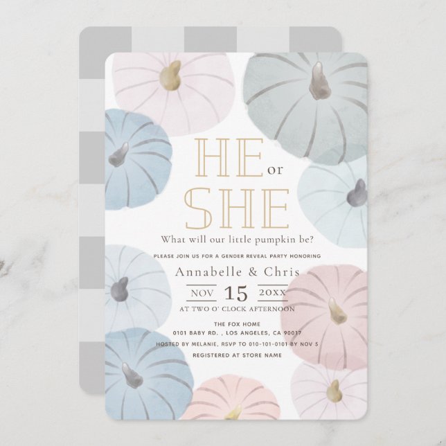 Sexo de Abóbora Rosa e Azul Revise Convite (Frente/Verso)