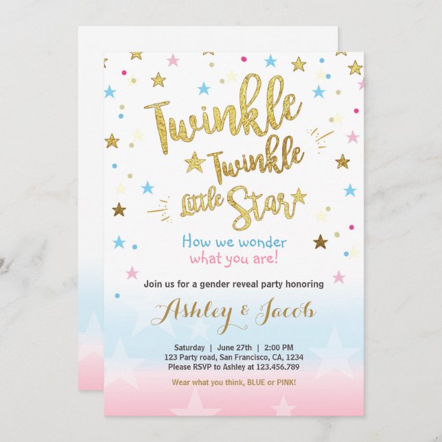 Sexo revela convite Chá de fraldas Luas Estrelas (Frente/Verso)