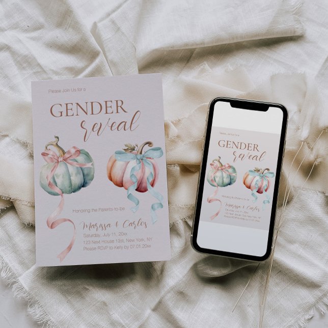 Sexo Revele Pastel Pumpkins e Arcos Convite (Fall Pumpkin with Bows Gender Reveal )