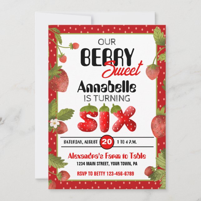 Sexto Convite de aniversário de morango (Frente)