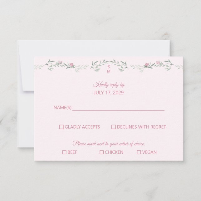 Shades of Pink Foliage Monogram RSVP Response Card (Frente)