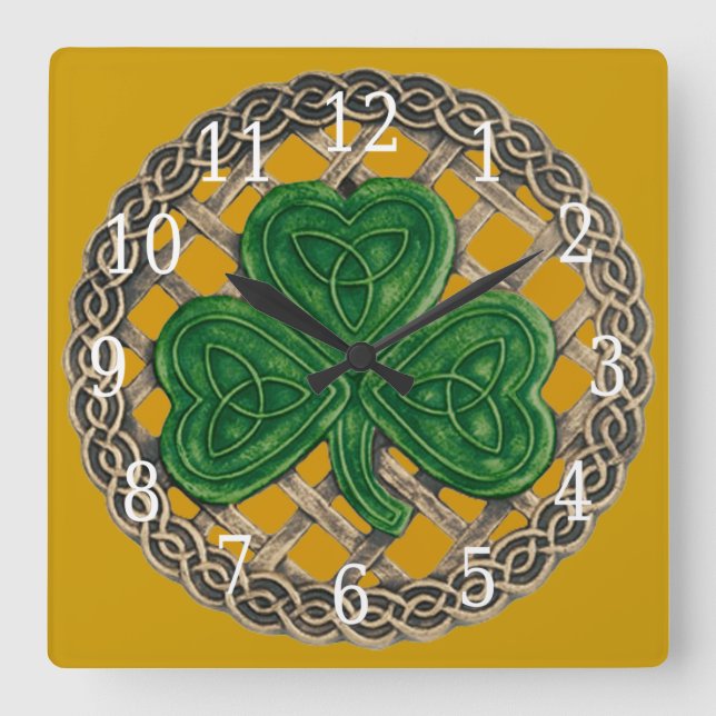 Shamrock Dourado e Relógio Quadrado De Nódulos Cel (Frente)