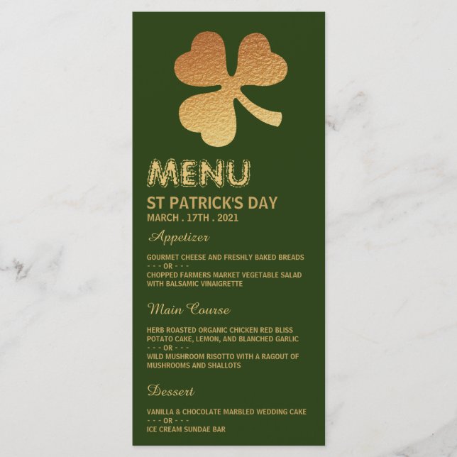 Shamrock Gold Foil, Cartão de Menu de Dia de São P (Frente)
