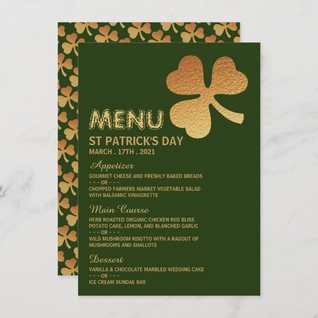 Shamrock Gold Foil, Cartão de Menu de Dia de São P (Frente/Verso)
