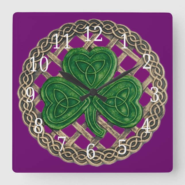 Shamrock Roxo E Nódulos Celtas Relógio Quadrado (Frente)