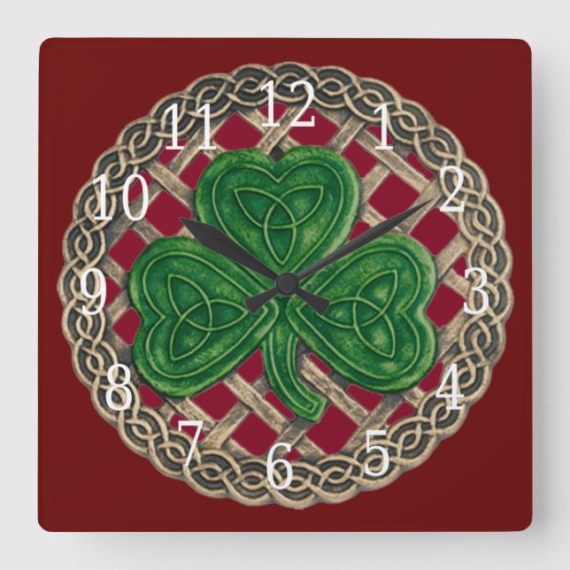 Shamrock Vermelho e Nódulos Celtas Relógio Quadrad (Frente)