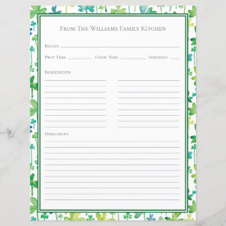 Shamrocks Green White Recipe Paper Sheet
