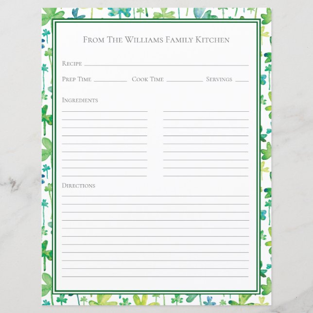 Shamrocks Green White Recipe Paper Sheet (Frente)