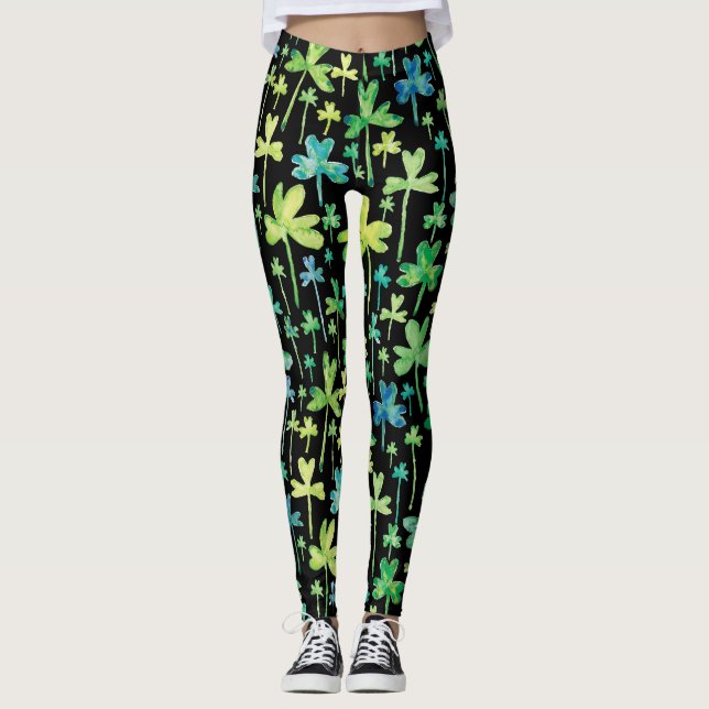 Shamrocks St. Patrick's Day Green Black Leggings (Frente)