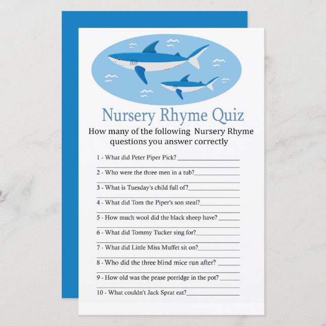 Shark Nursery Rhyme jogo de chá de fraldas do Quiz (Frente/Verso)