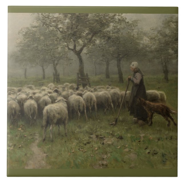 Shepherdess com um rebanho dos carneiros, malva de (Frente)