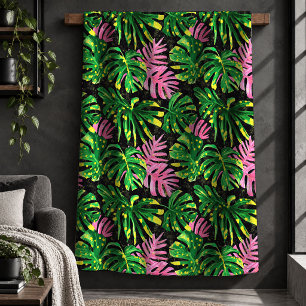 Sherpa Cobertor Aconchegante de Folhas Tropicais Rosa Neo